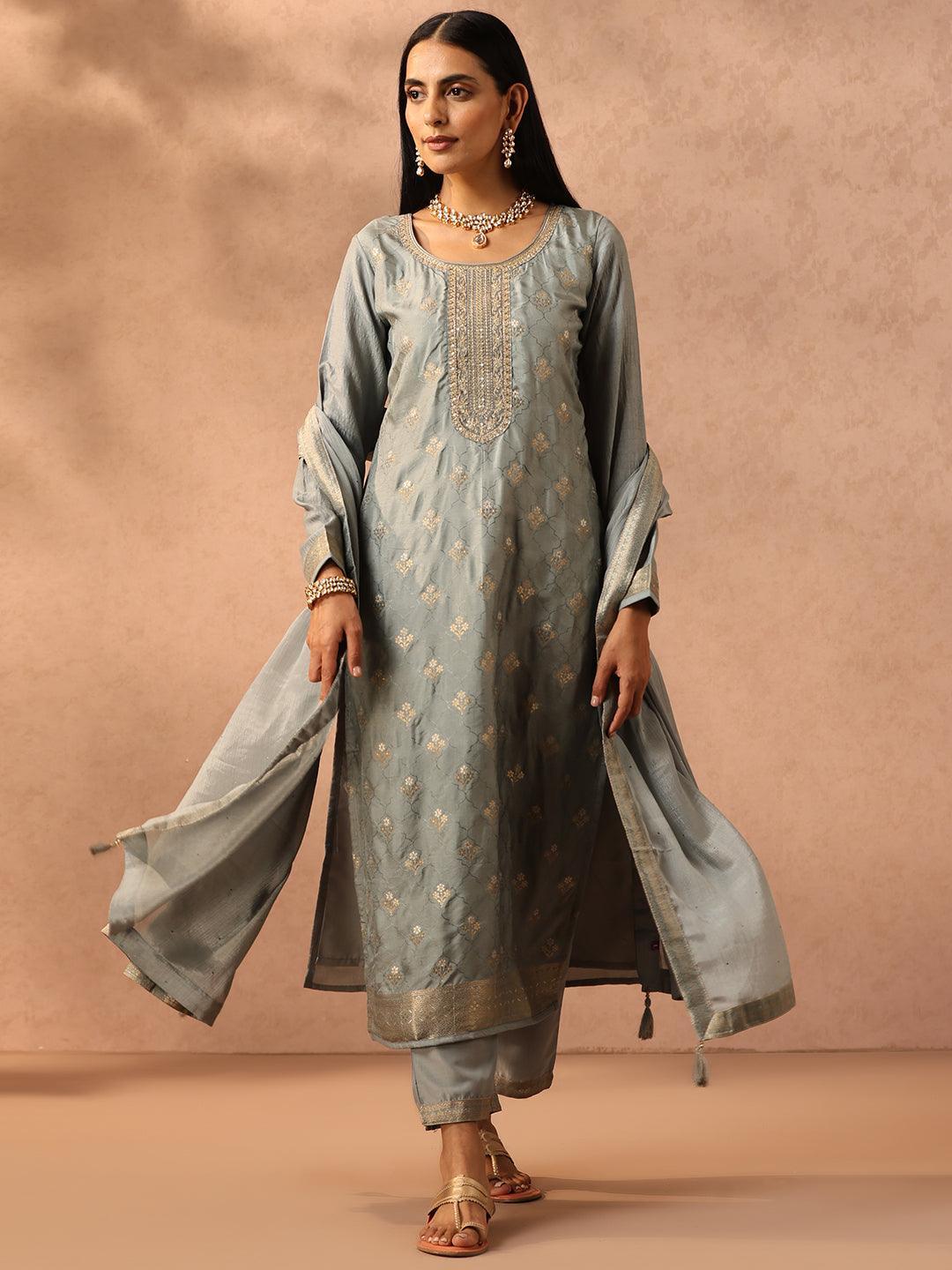 Grey Self Design Silk Blend Suit Set With Trousers