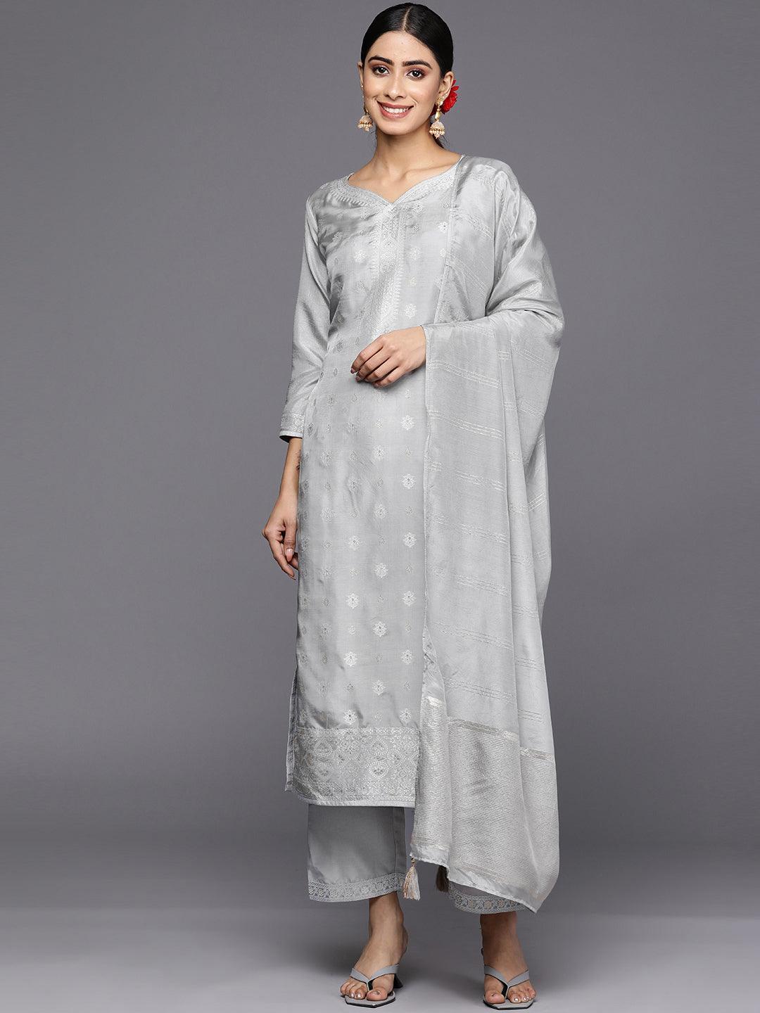 Grey Self Design Silk Blend Straight Suit Set With Trousers