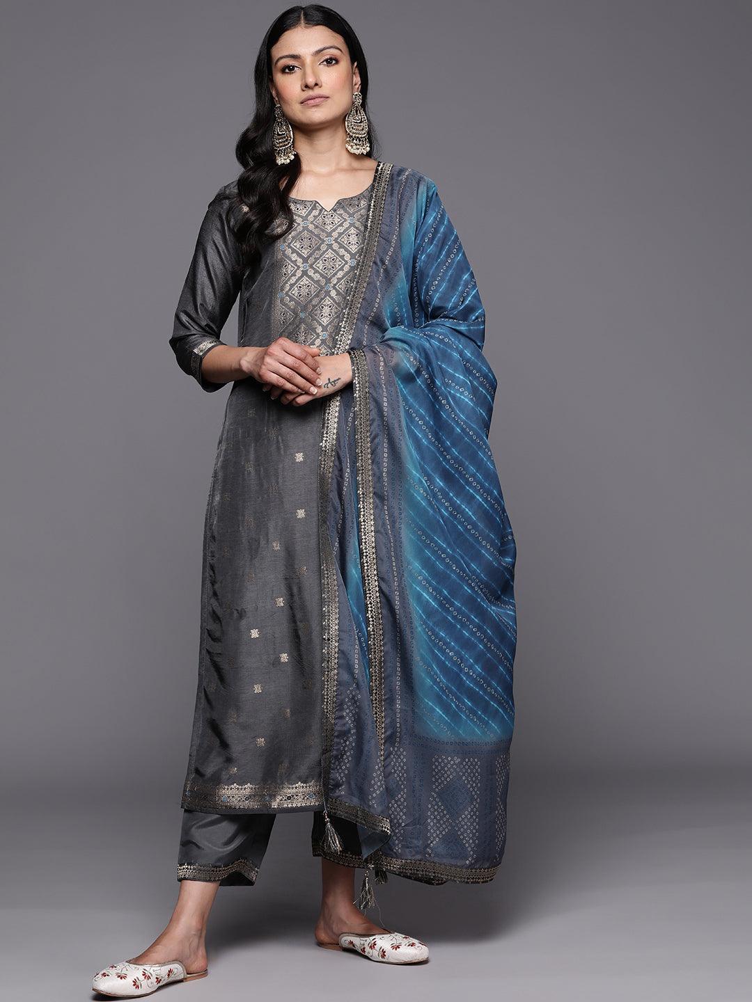 Grey Self Design Silk Blend Straight Suit Set With Trousers