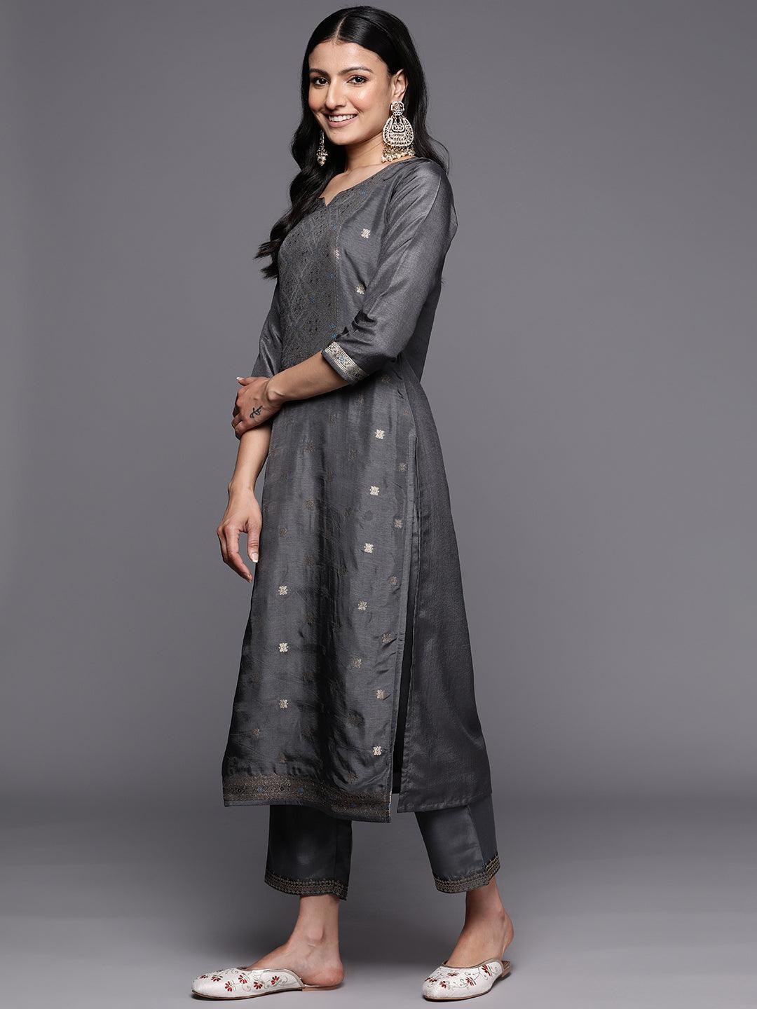 Grey Self Design Silk Blend Straight Suit Set With Trousers