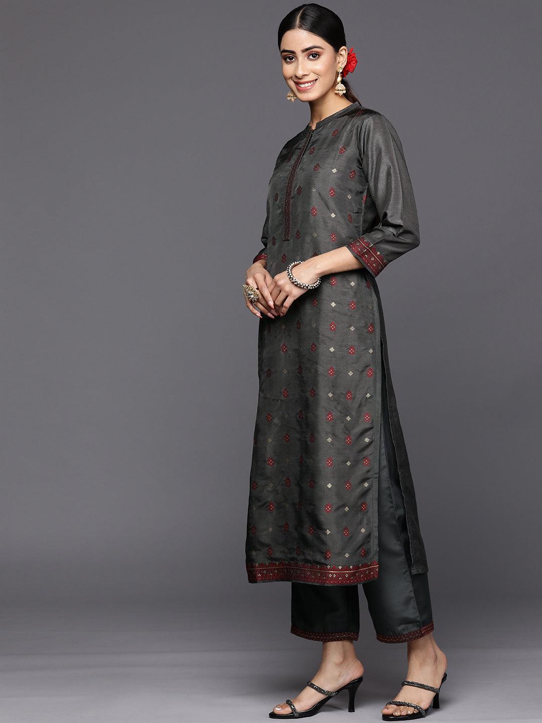 Grey Self Design Silk Blend Straight Suit Set With Trousers - ShopLibas