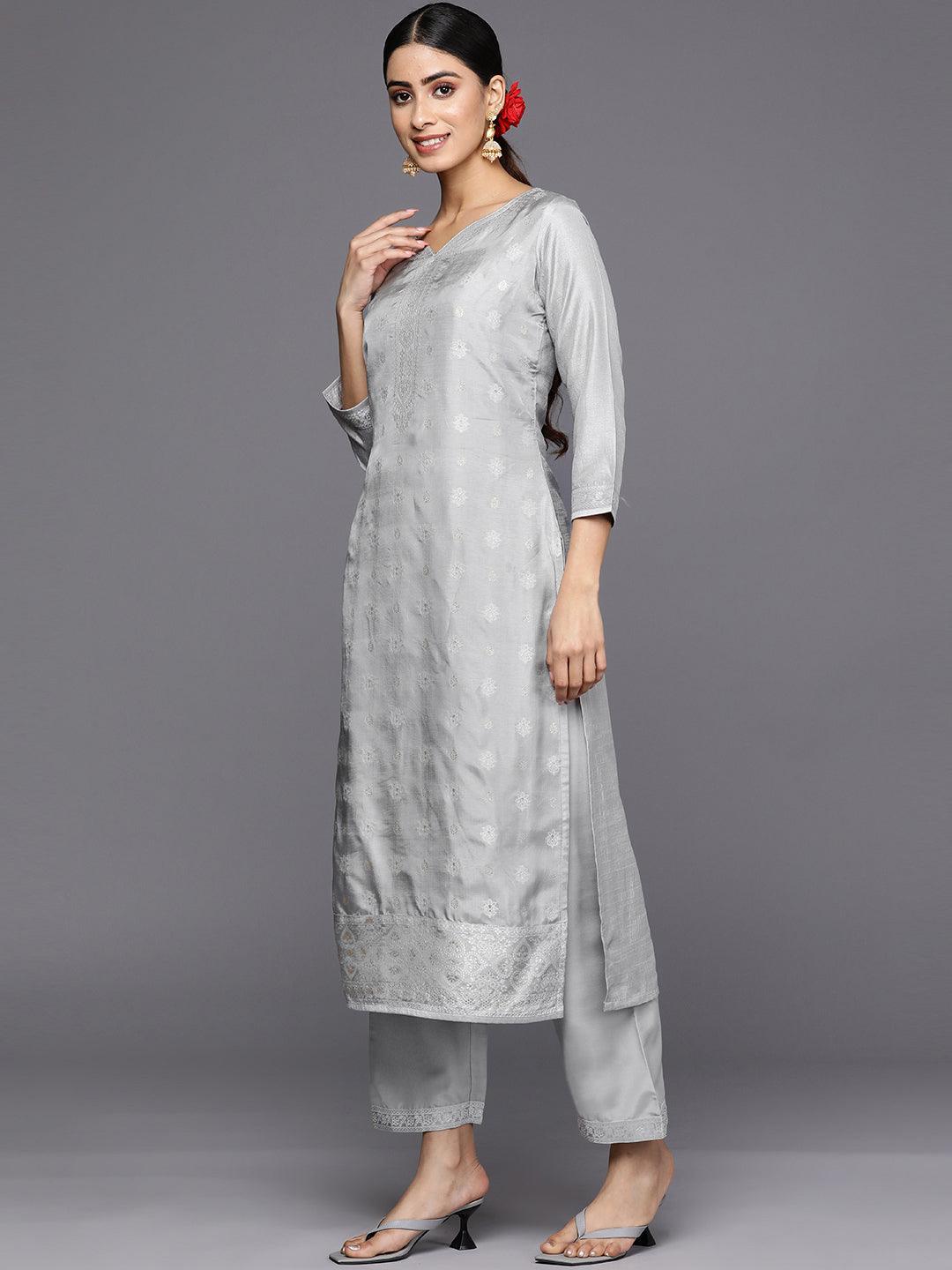 Grey Self Design Silk Blend Straight Suit Set With Trousers