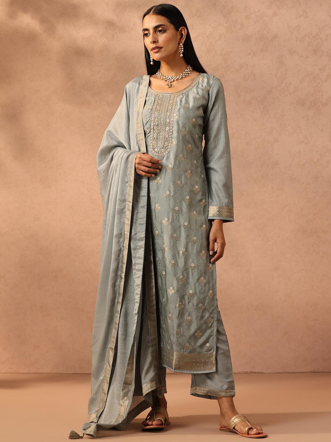 Grey Self Design Silk Blend Suit Set With Trousers