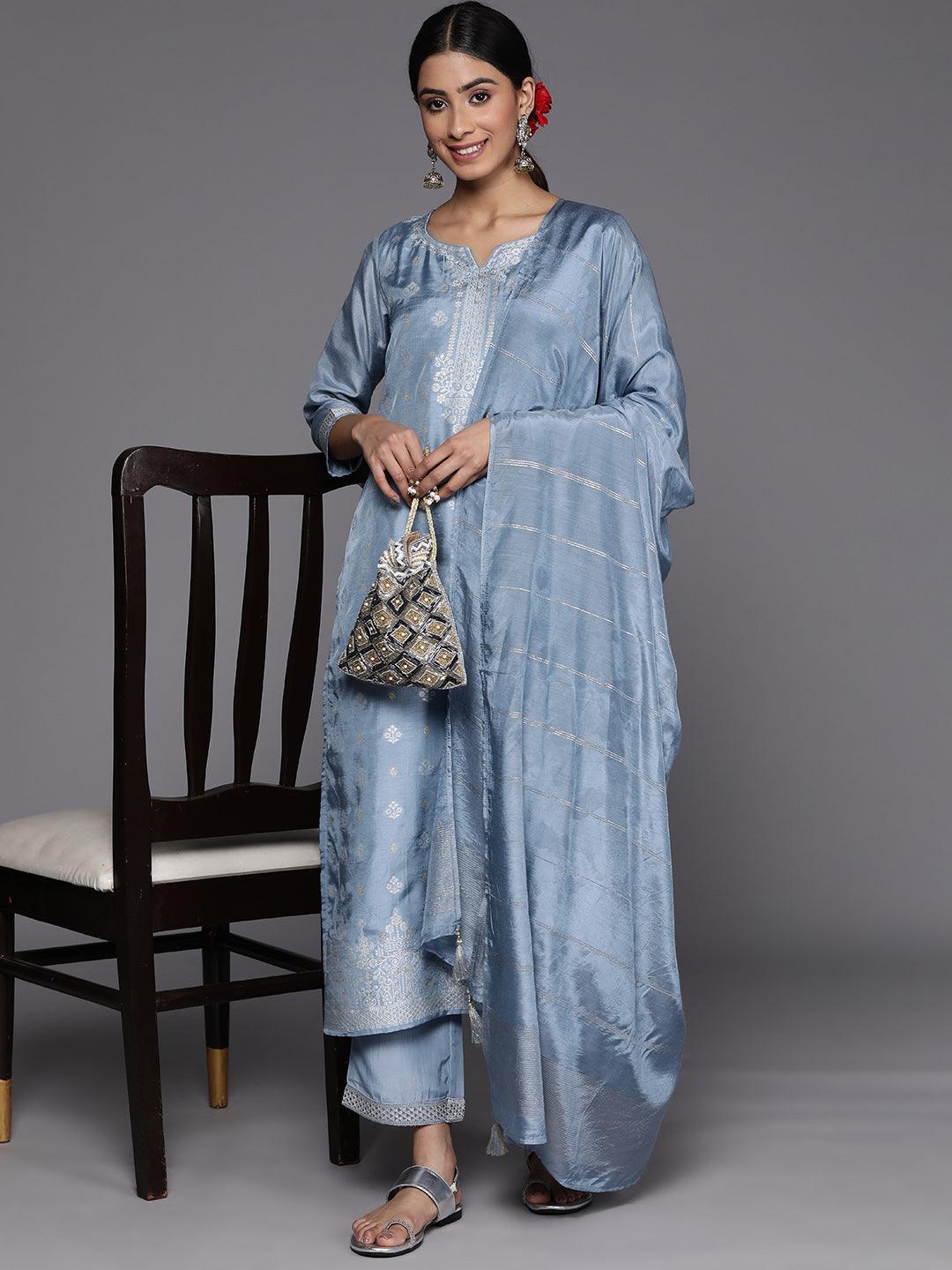 Grey Self Design Silk Blend Suit Set With Trousers