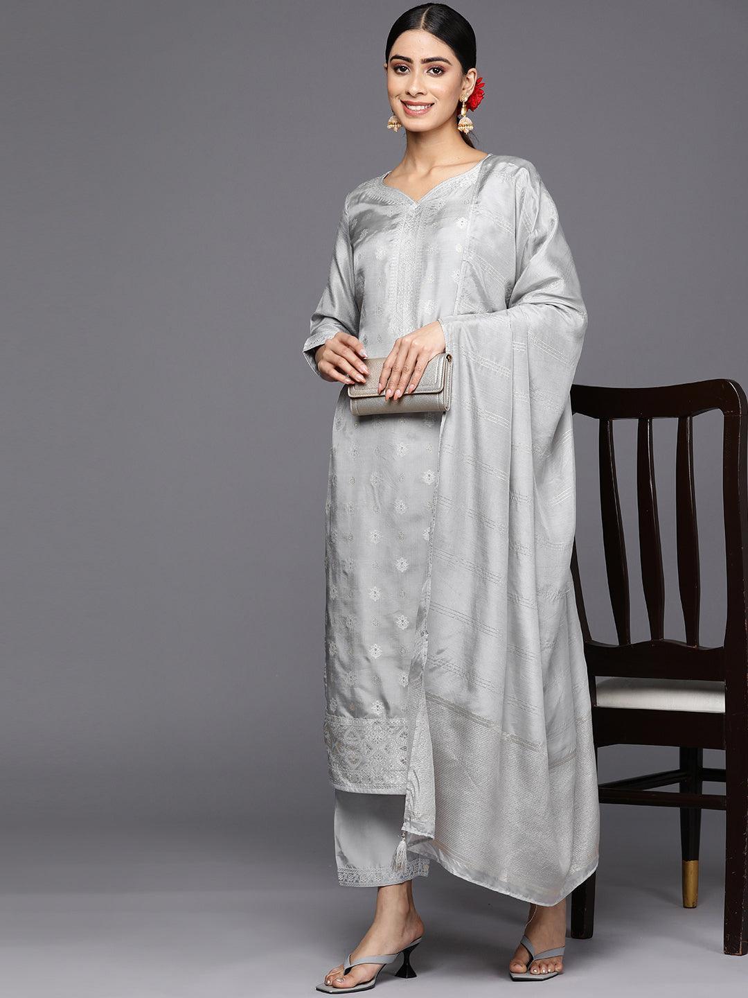 Grey Self Design Silk Blend Straight Suit Set With Trousers