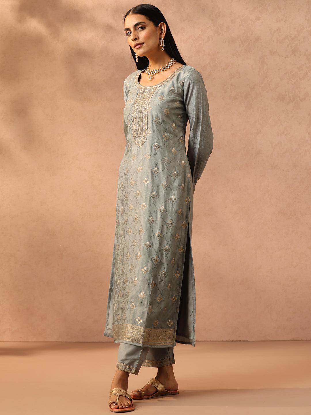 Grey Self Design Silk Blend Suit Set With Trousers