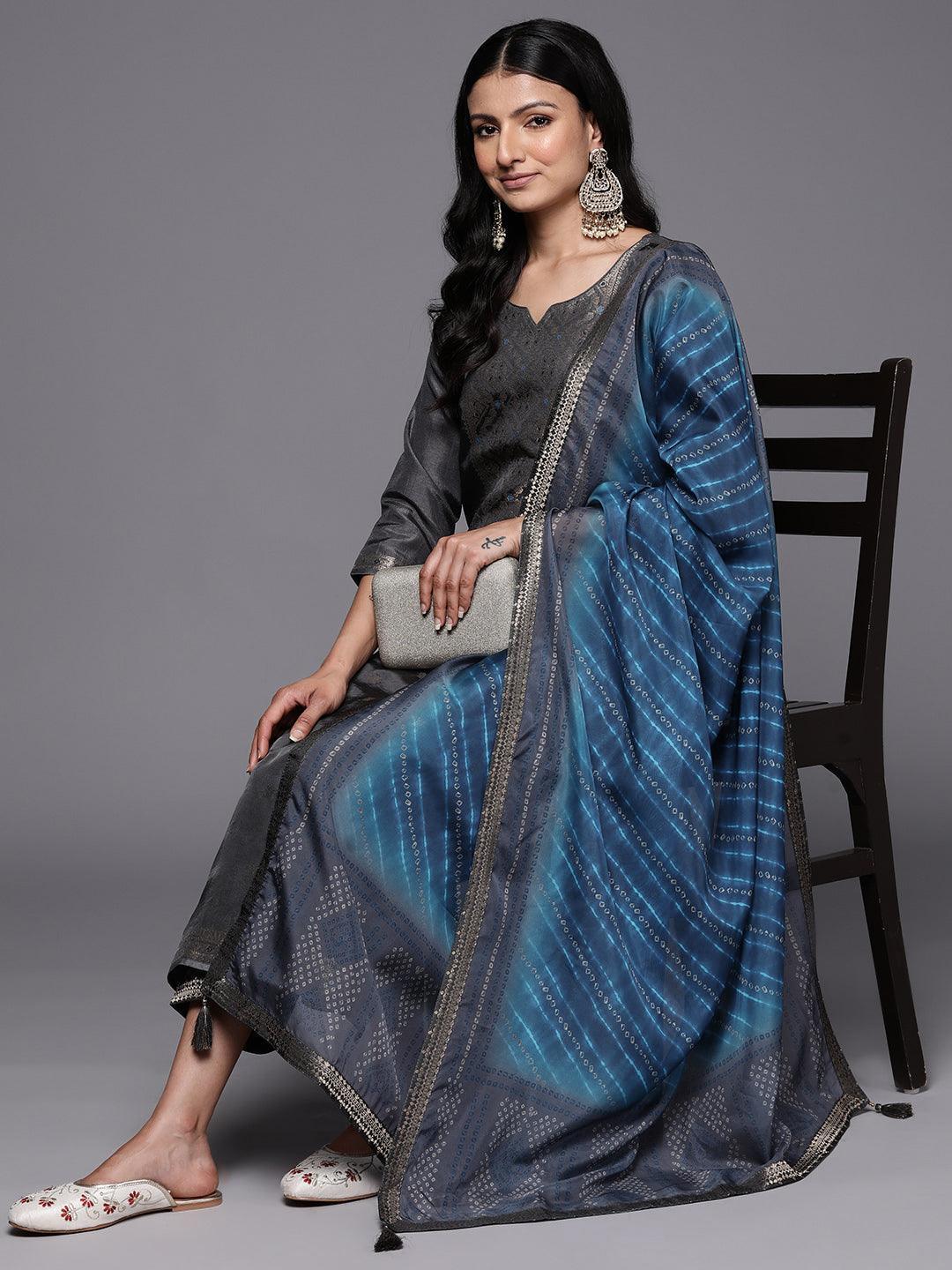 Grey Self Design Silk Blend Straight Suit Set With Trousers