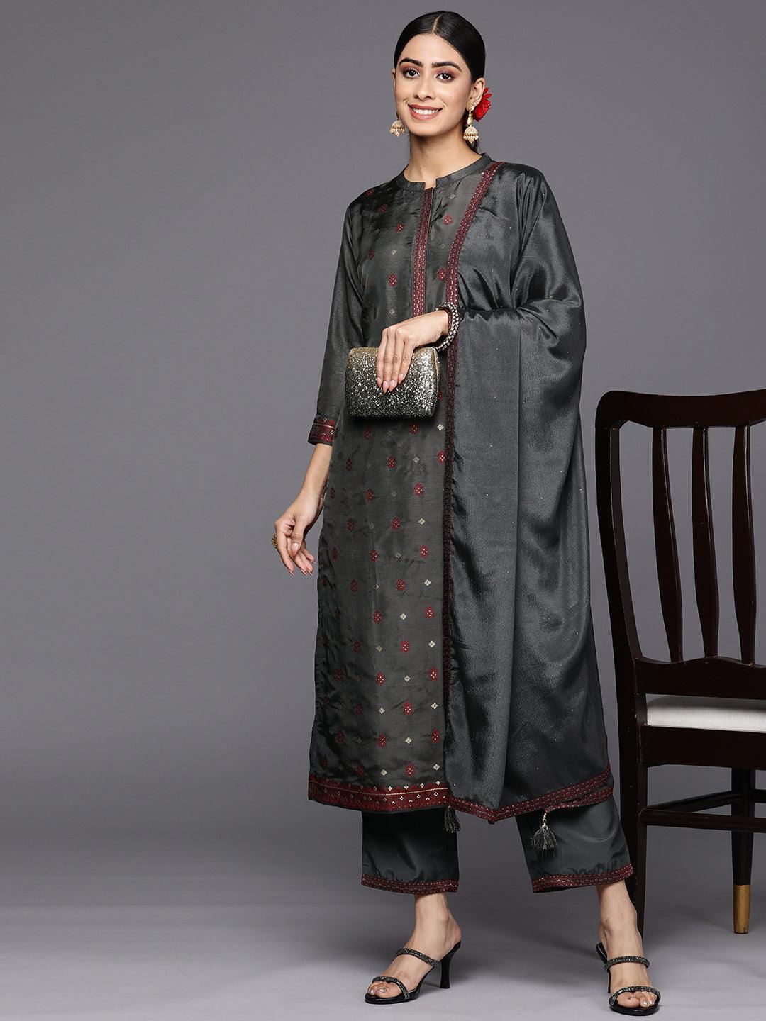 Grey Self Design Silk Blend Straight Suit Set With Trousers