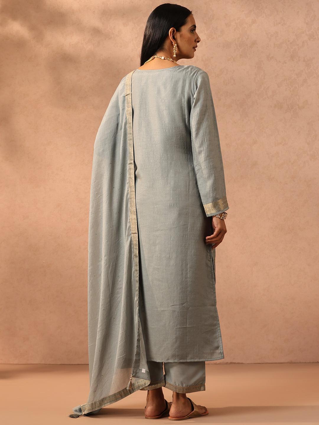 Grey Self Design Silk Blend Suit Set With Trousers