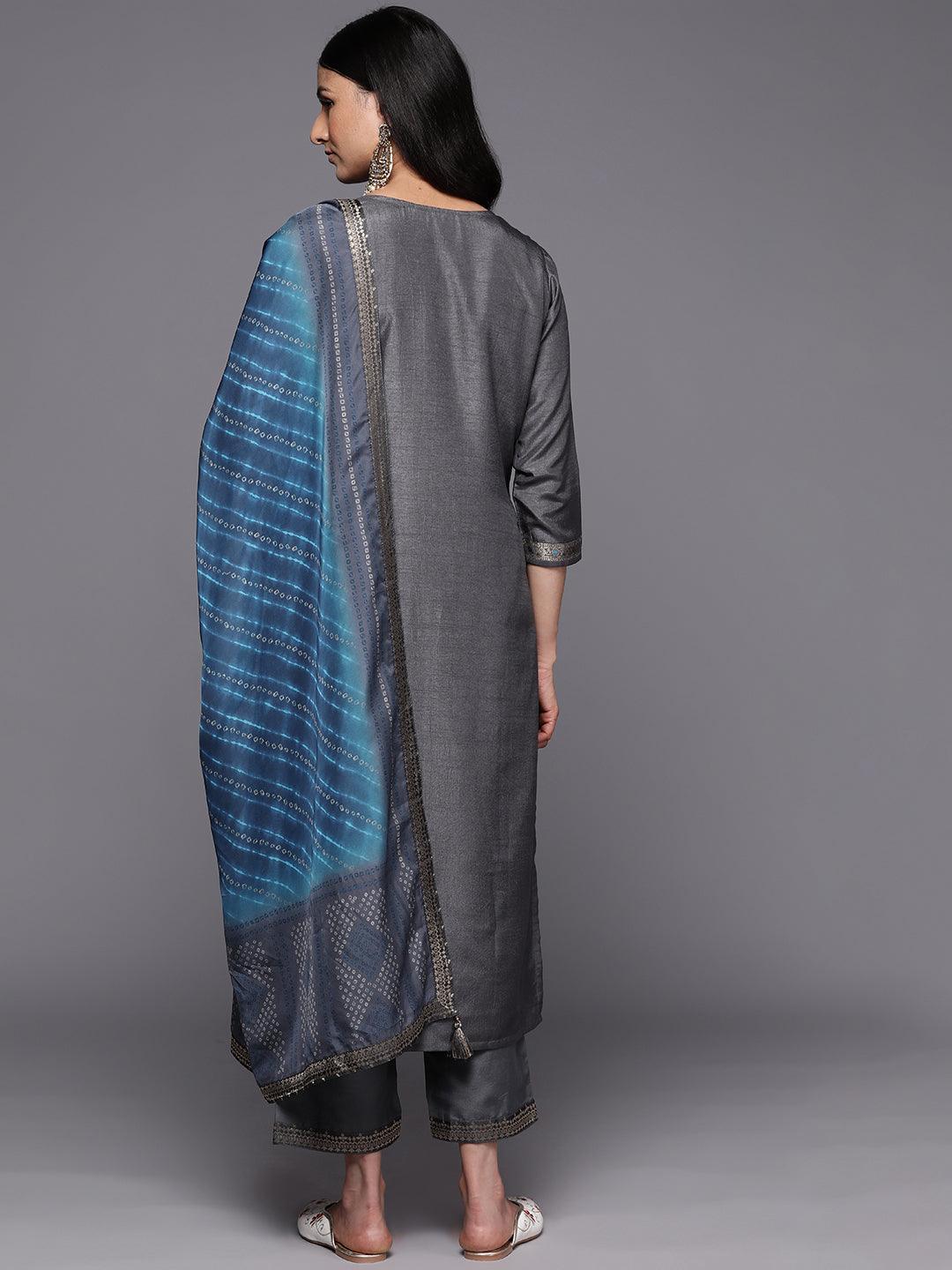 Grey Self Design Silk Blend Straight Suit Set With Trousers