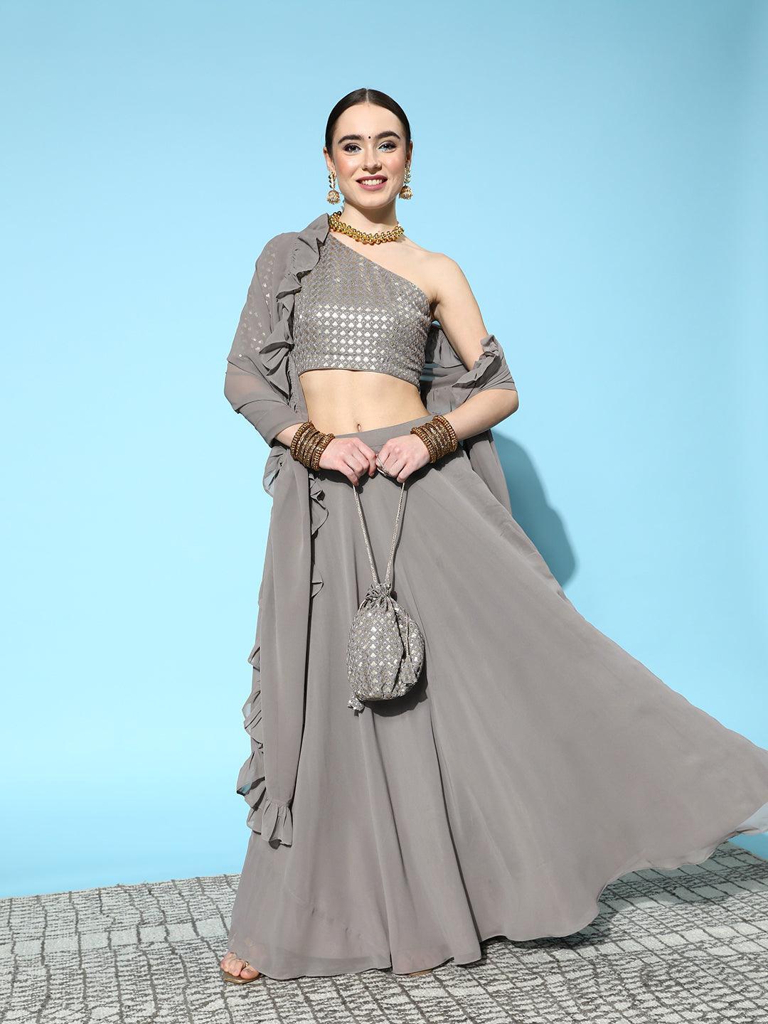 Grey Sequinned Georgette Lehenga Set With Potli - ShopLibas