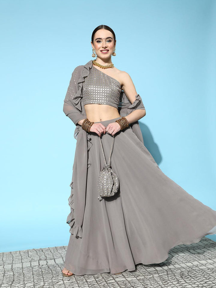 Grey Sequinned Georgette Lehenga Set With Potli - ShopLibas