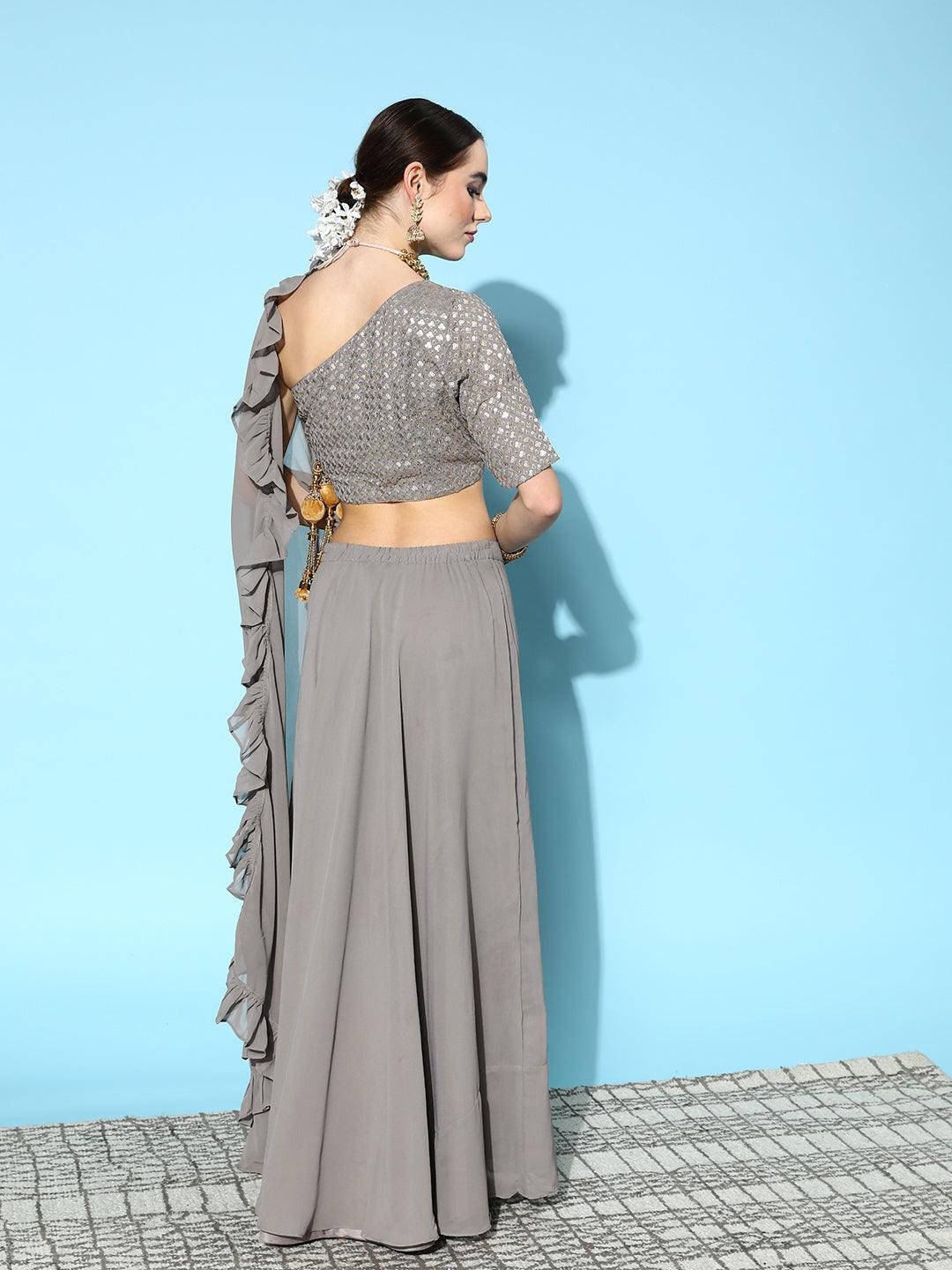 Grey Sequinned Georgette Lehenga Set With Potli - ShopLibas