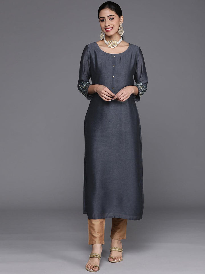 Grey Solid Silk Kurta - ShopLibas