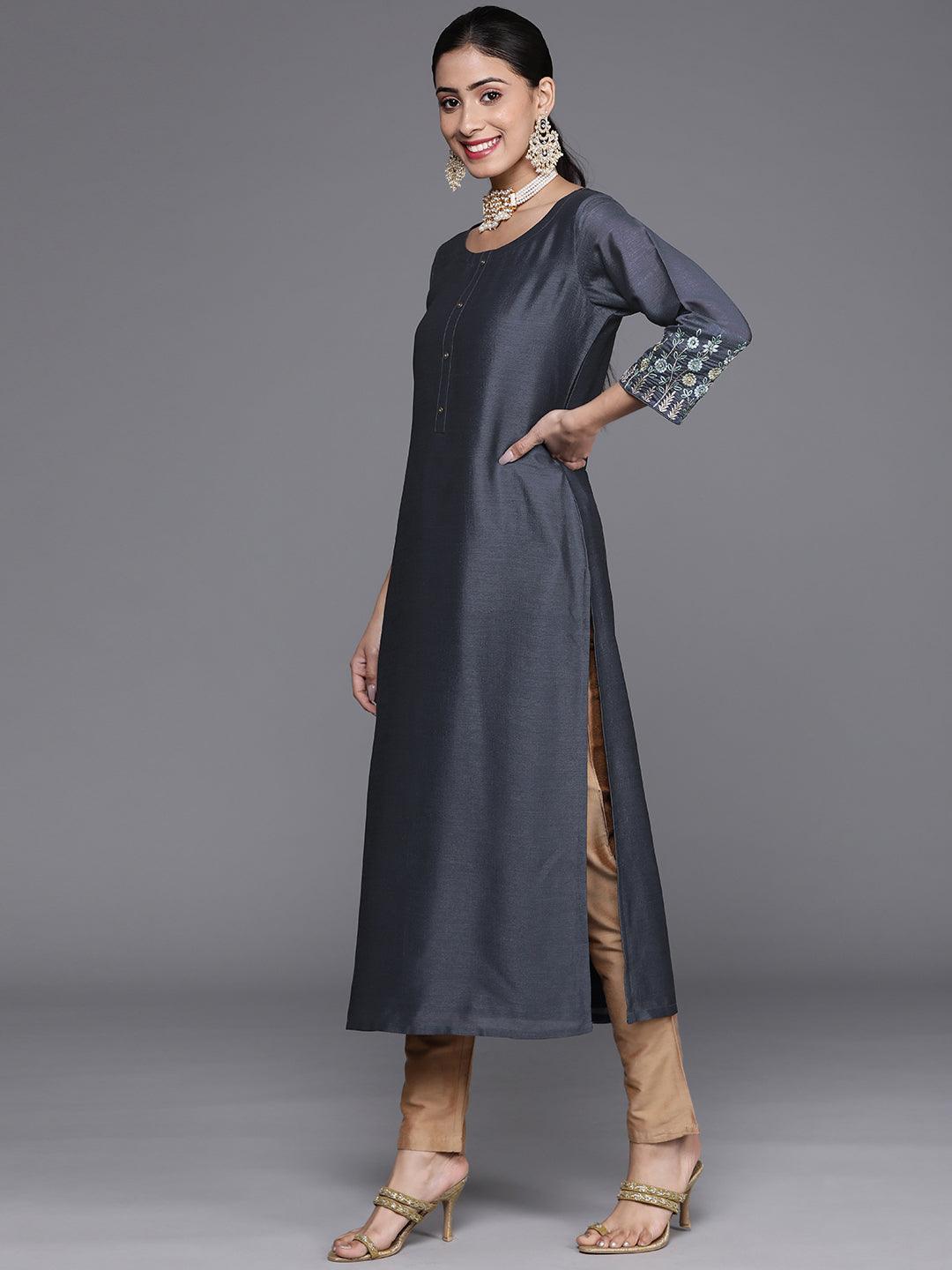 Grey Solid Silk Kurta - ShopLibas