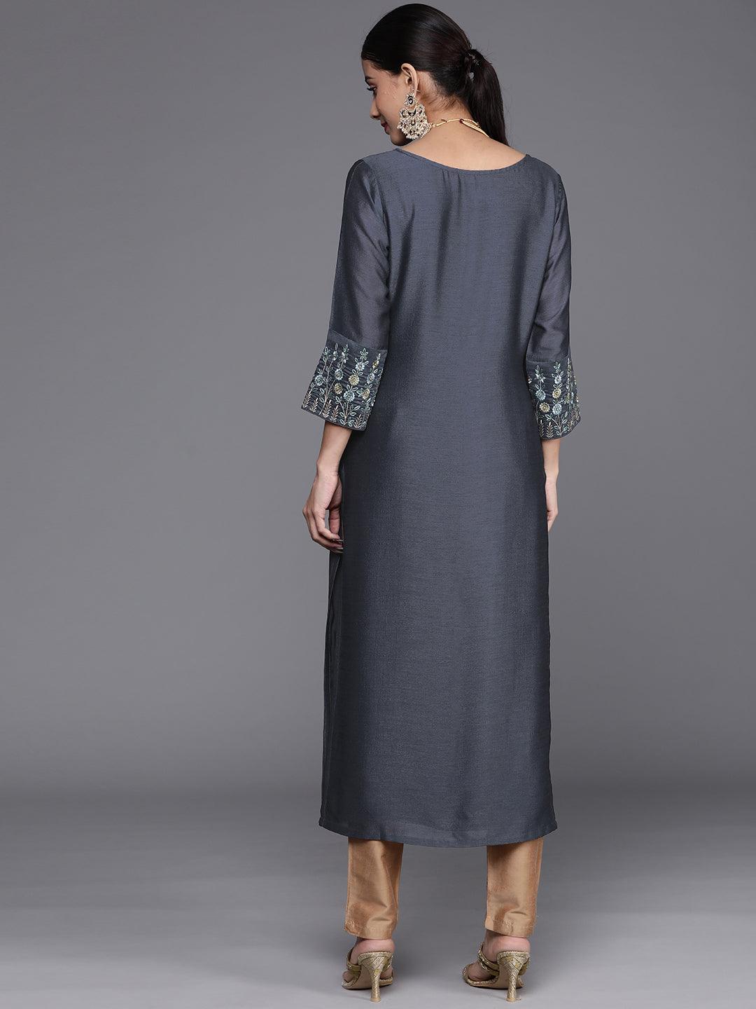 Grey Solid Silk Kurta - ShopLibas