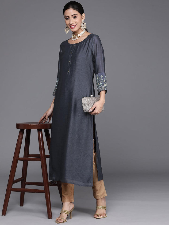 Grey Solid Silk Kurta - ShopLibas