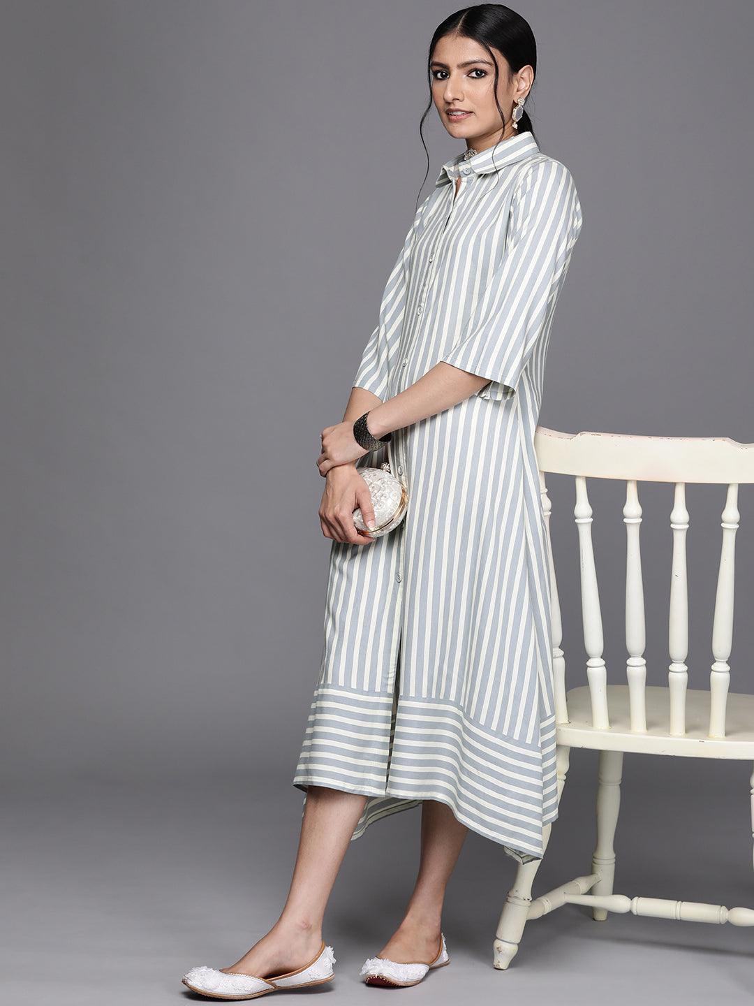 Grey Striped Rayon Dress