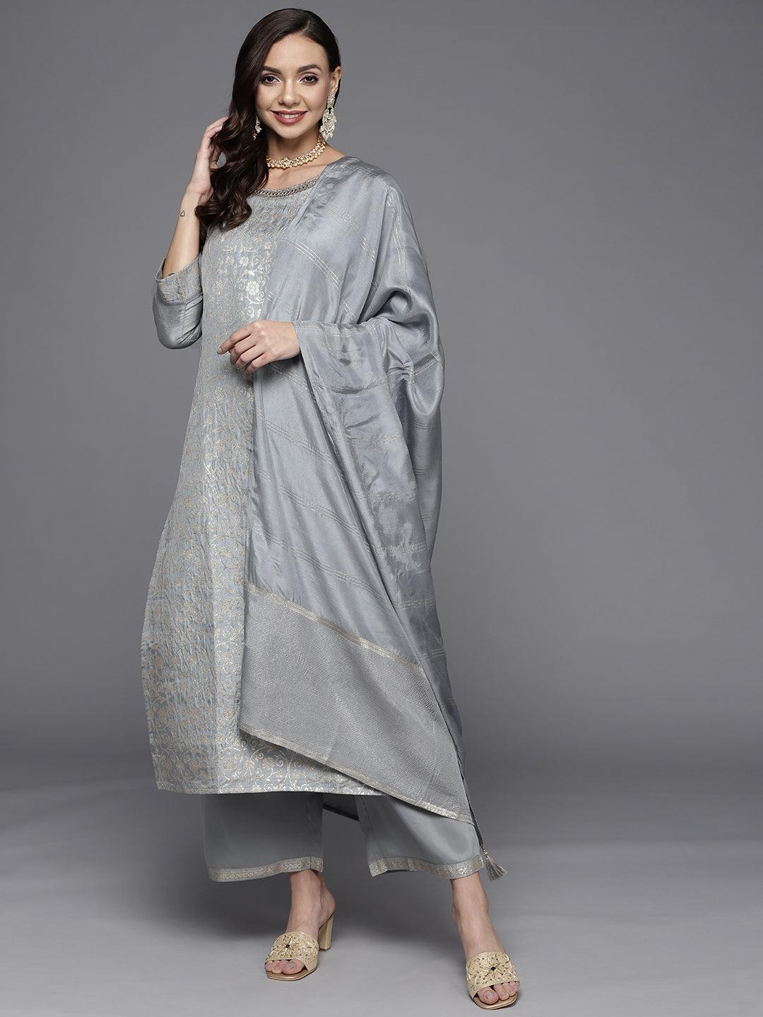 Grey Woven Design Silk Blend Straight Suit Set