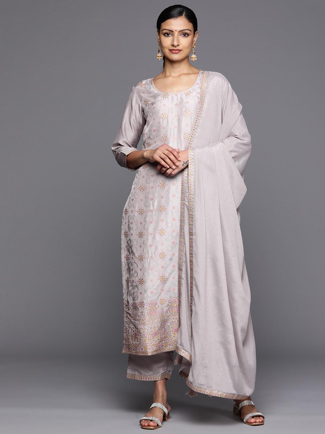 Grey Woven Design Silk Blend Straight Kurta With Trousers & Dupatta - Libas