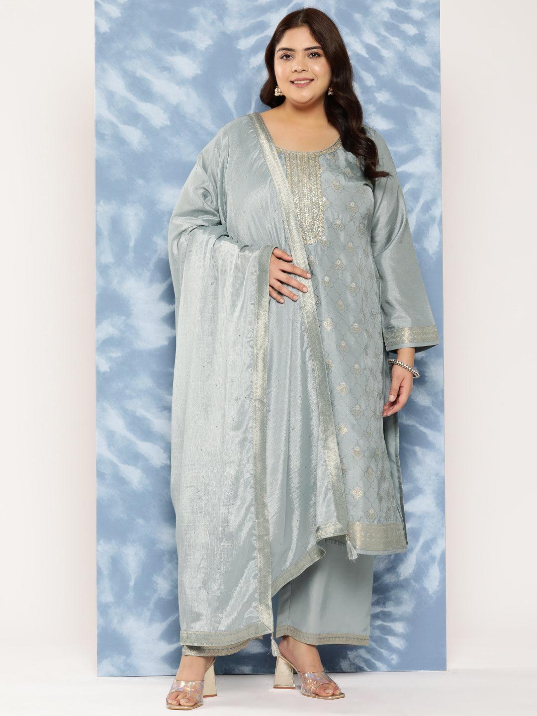 Grey Woven Design Silk Blend Straight Kurta With Trousers and Dupatta - Libas