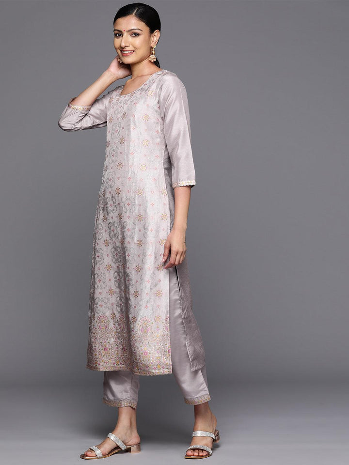 Grey Woven Design Silk Blend Straight Kurta With Trousers & Dupatta - Libas