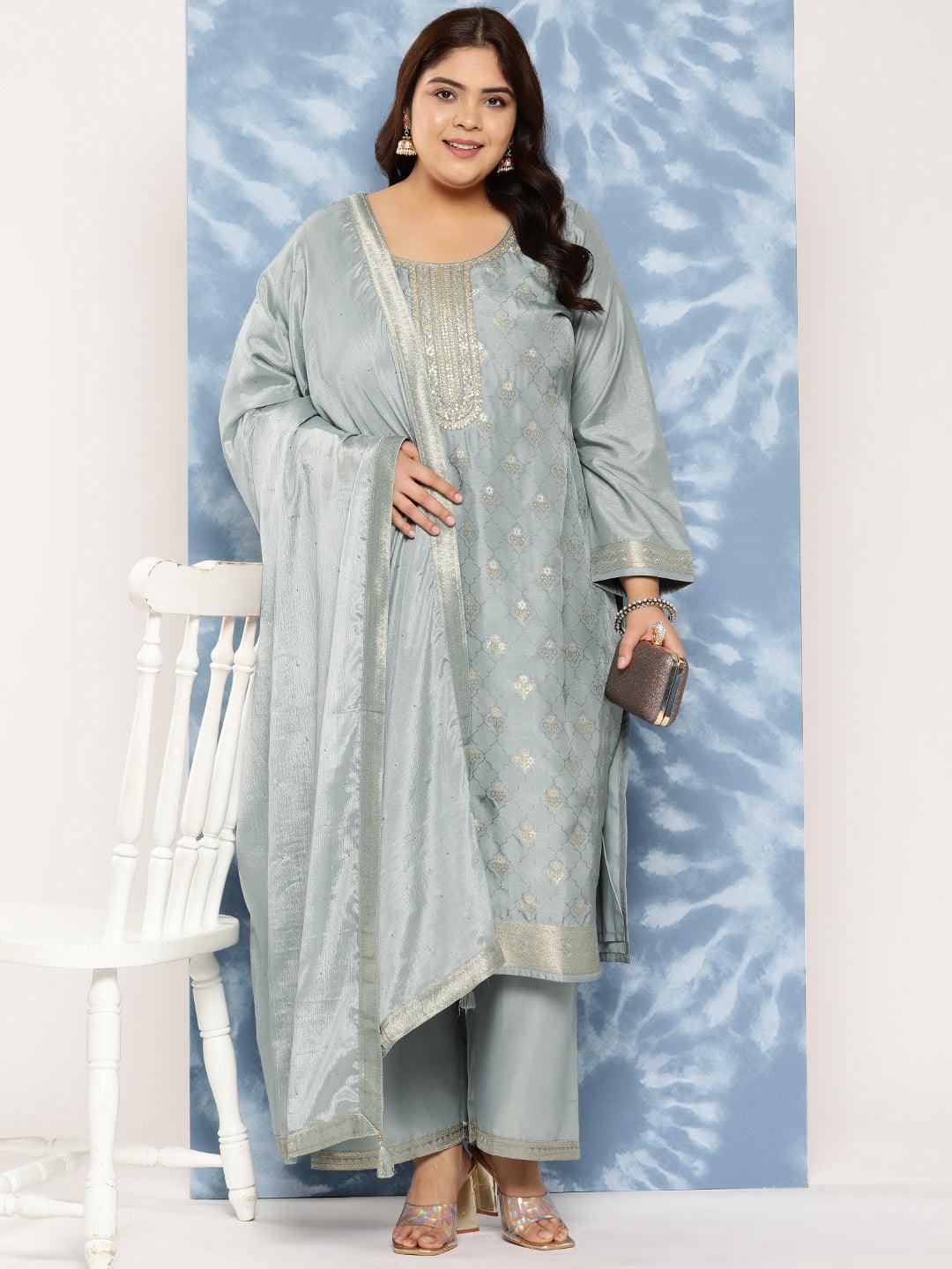 Grey Woven Design Silk Blend Straight Kurta With Trousers and Dupatta - Libas