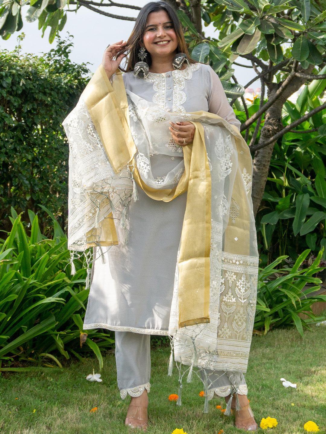 Grey Yoke Design Chanderi Silk Straight Suit Set