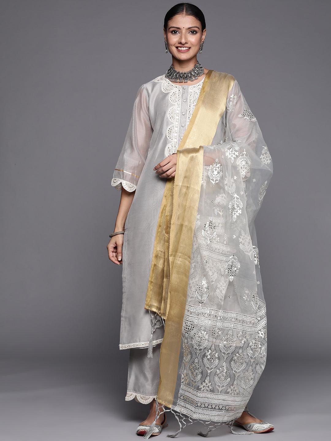 Grey Yoke Design Chanderi Silk Straight Suit Set