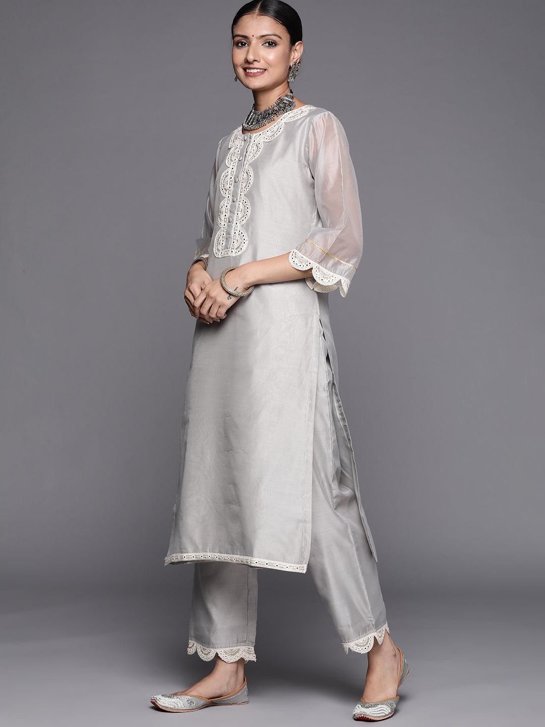 Grey Yoke Design Chanderi Silk Straight Suit Set