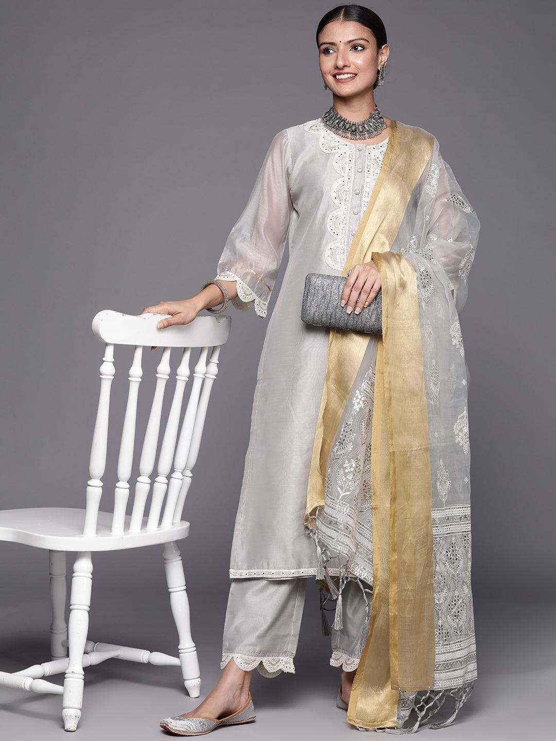 Grey Yoke Design Chanderi Silk Straight Suit Set