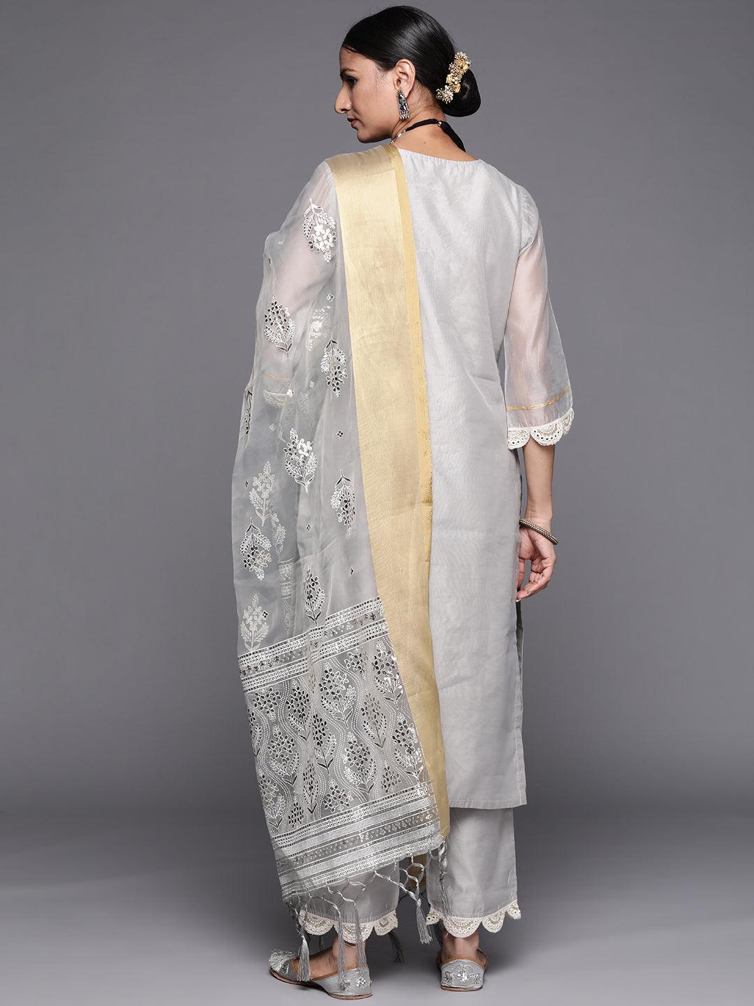 Grey Yoke Design Chanderi Silk Straight Suit Set