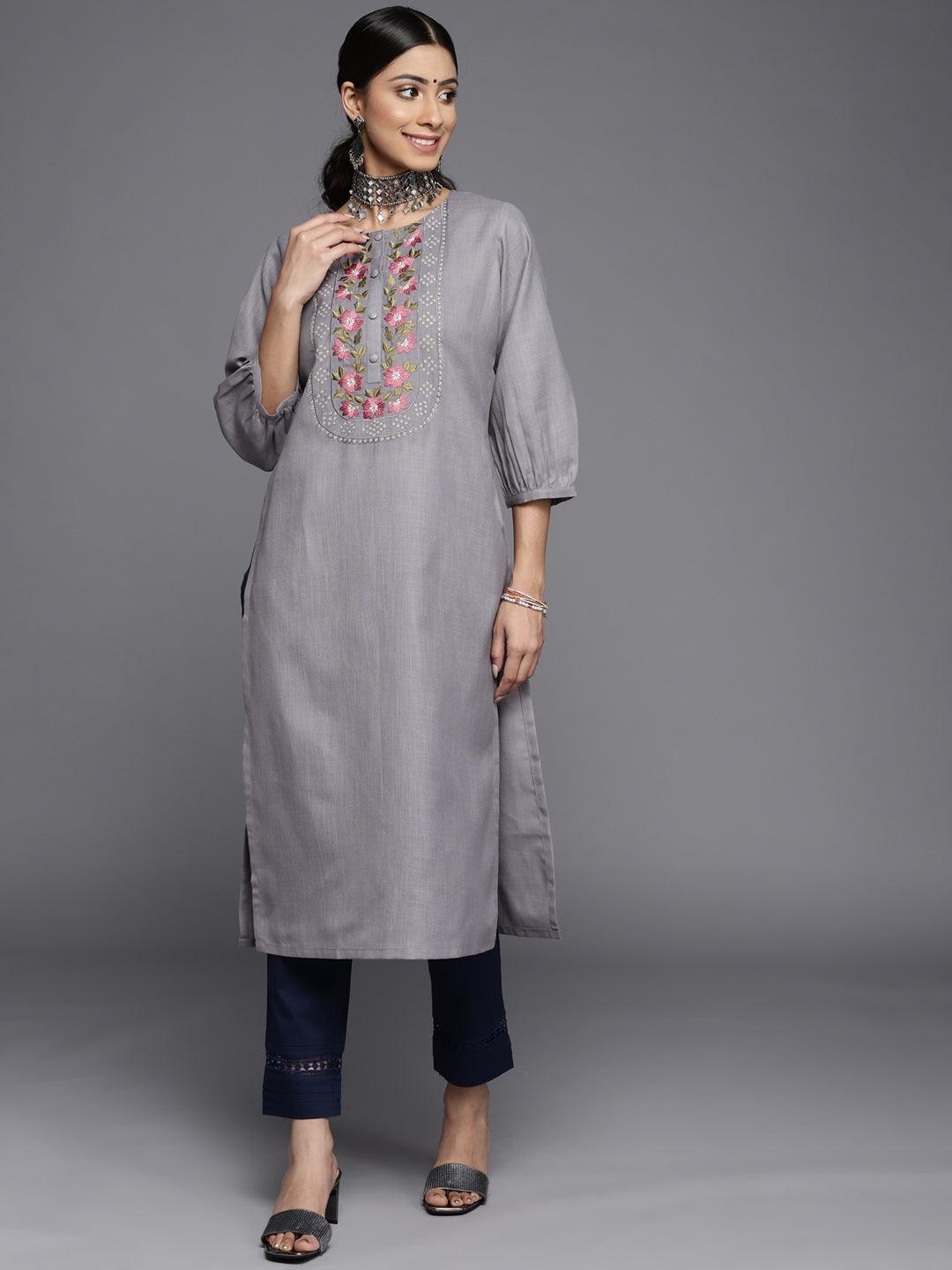 Grey Yoke Design Cotton Kurta