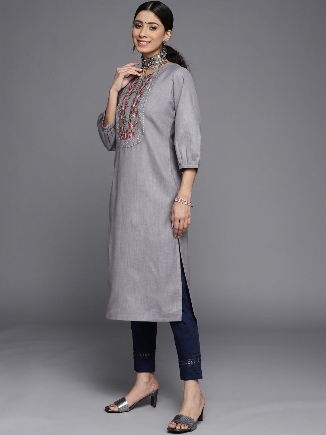 Grey Yoke Design Cotton Kurta