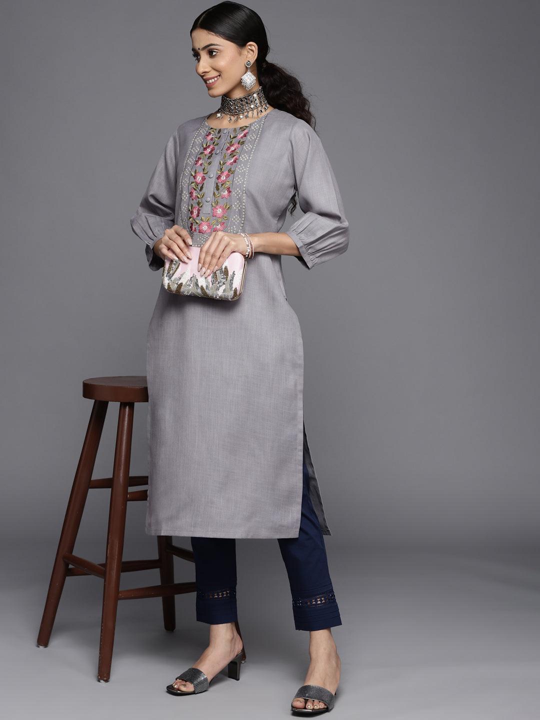 Grey Yoke Design Cotton Kurta