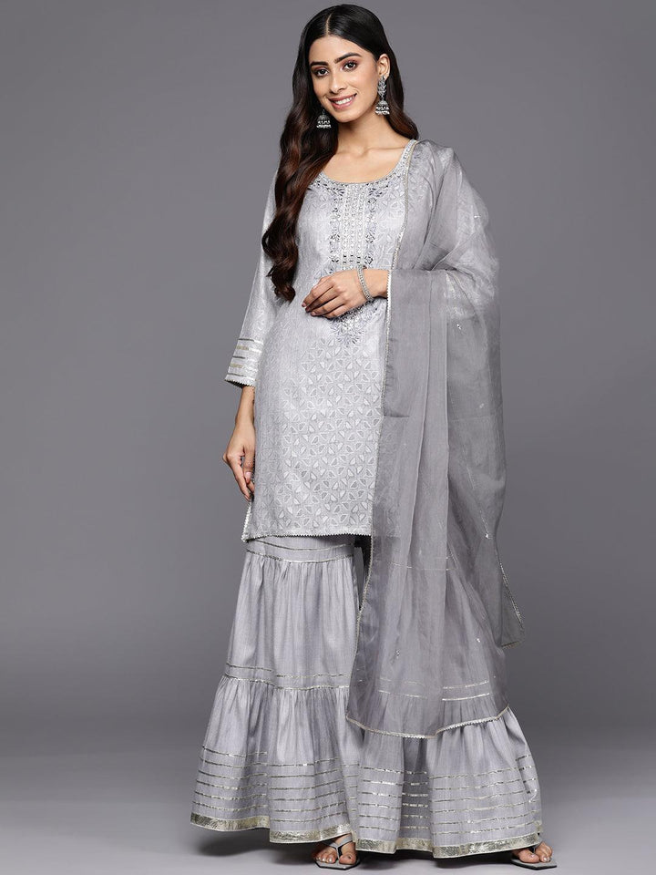 Grey Yoke Design Cotton Straight Suit Set With Sharara - ShopLibas