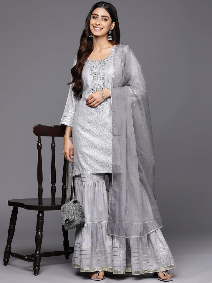 Grey Yoke Design Cotton Straight Suit Set With Sharara - ShopLibas