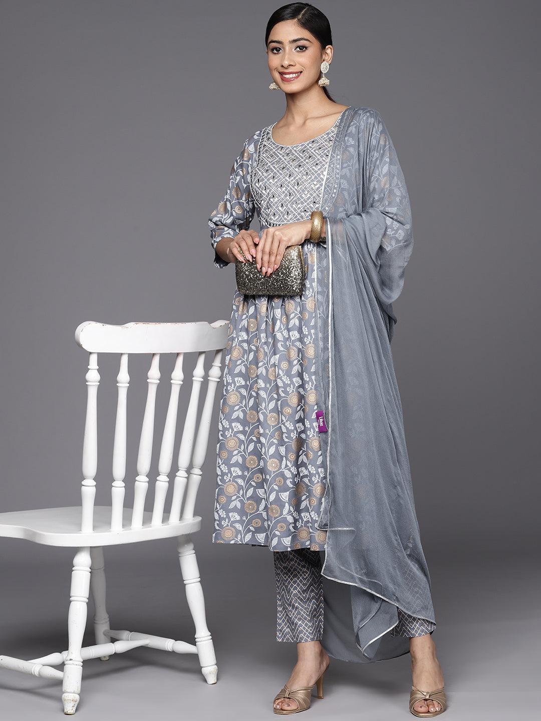 Grey Yoke Design Rayon A-Line Suit Set With Trousers