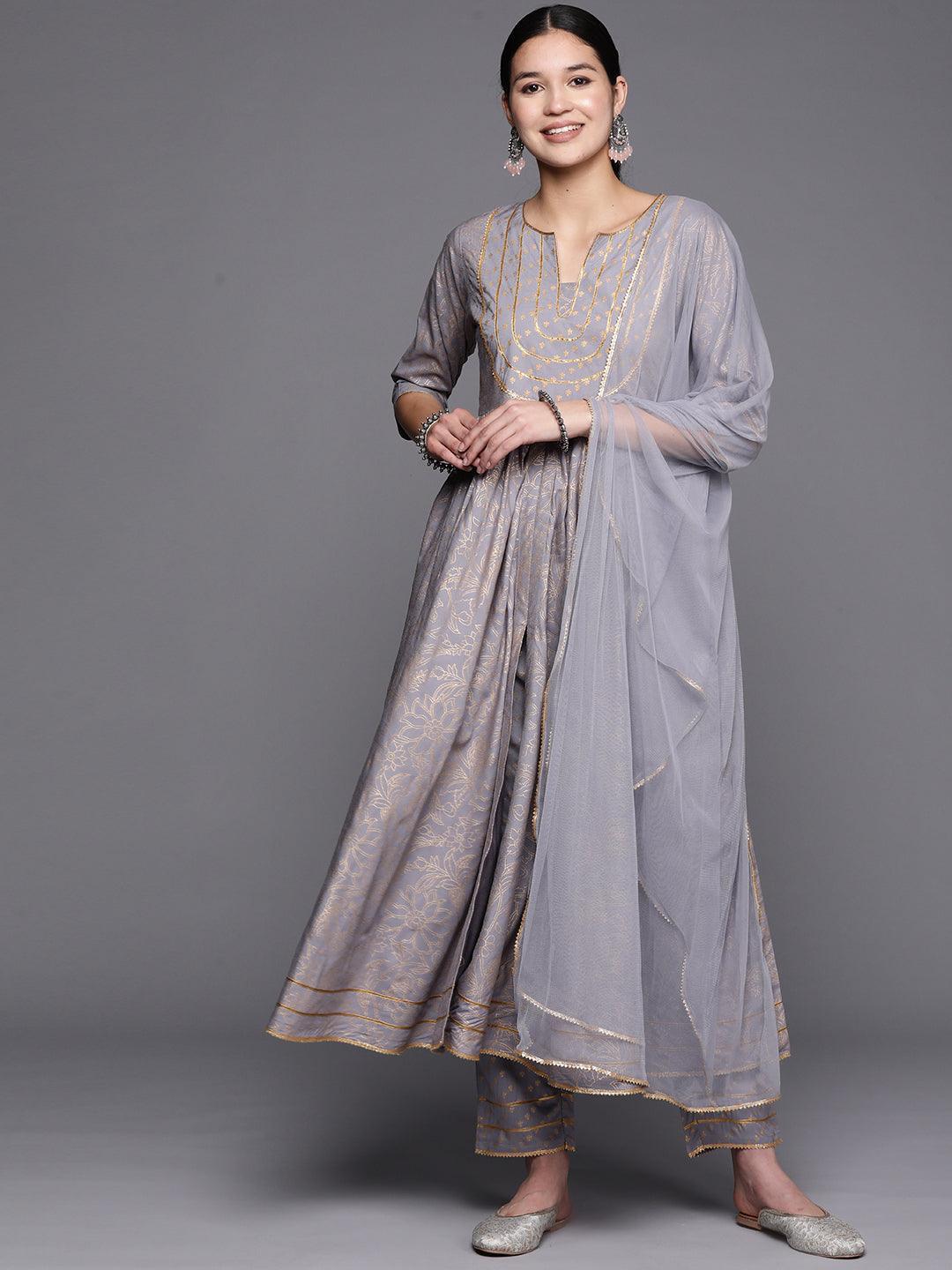 Grey Yoke Design Rayon Anarkali Suit Set With Trousers - ShopLibas