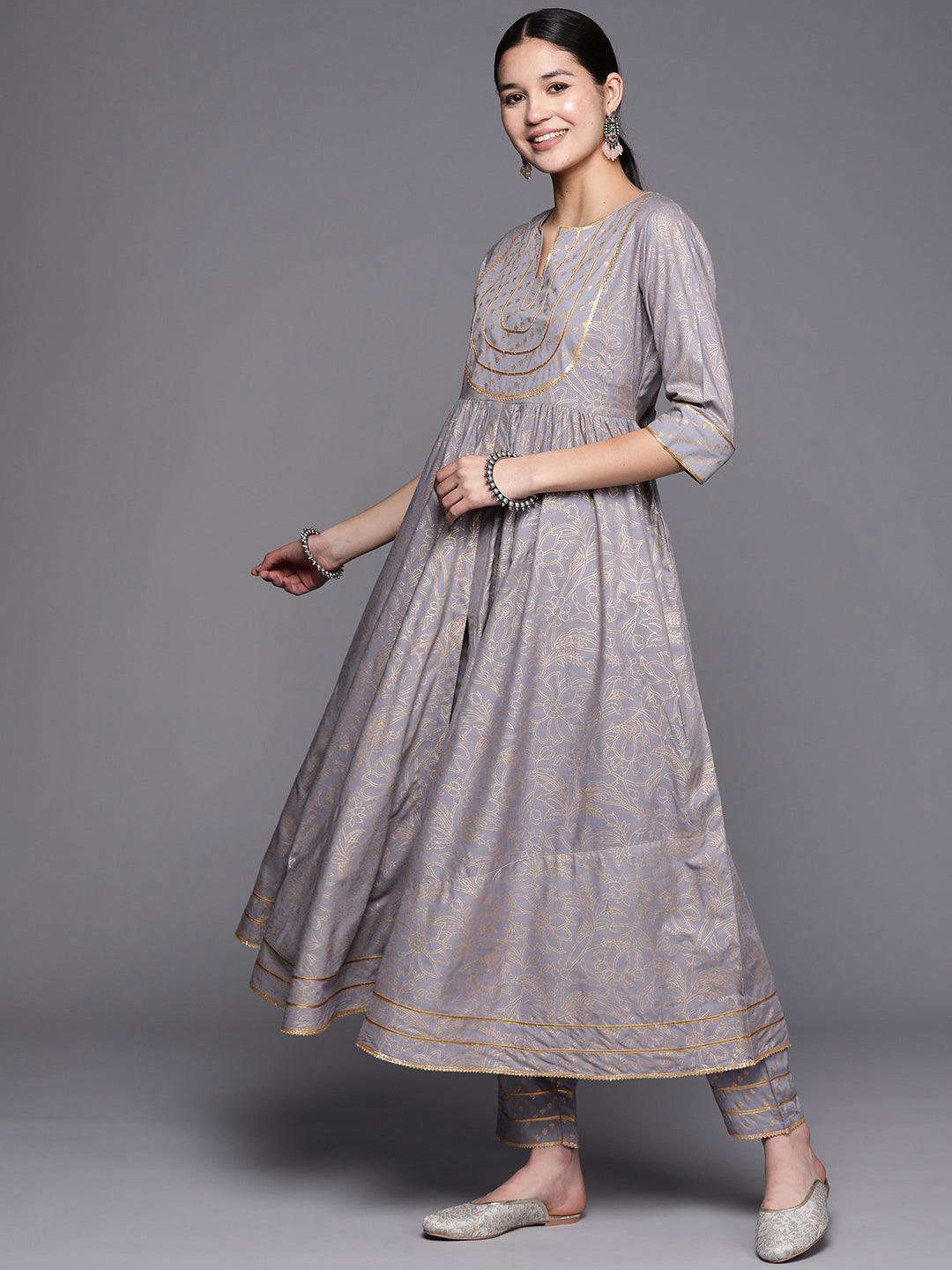 Grey Yoke Design Rayon Anarkali Suit Set With Trousers - ShopLibas