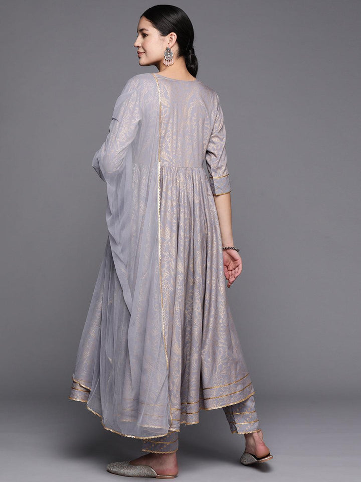 Grey Yoke Design Rayon Anarkali Suit Set With Trousers - ShopLibas