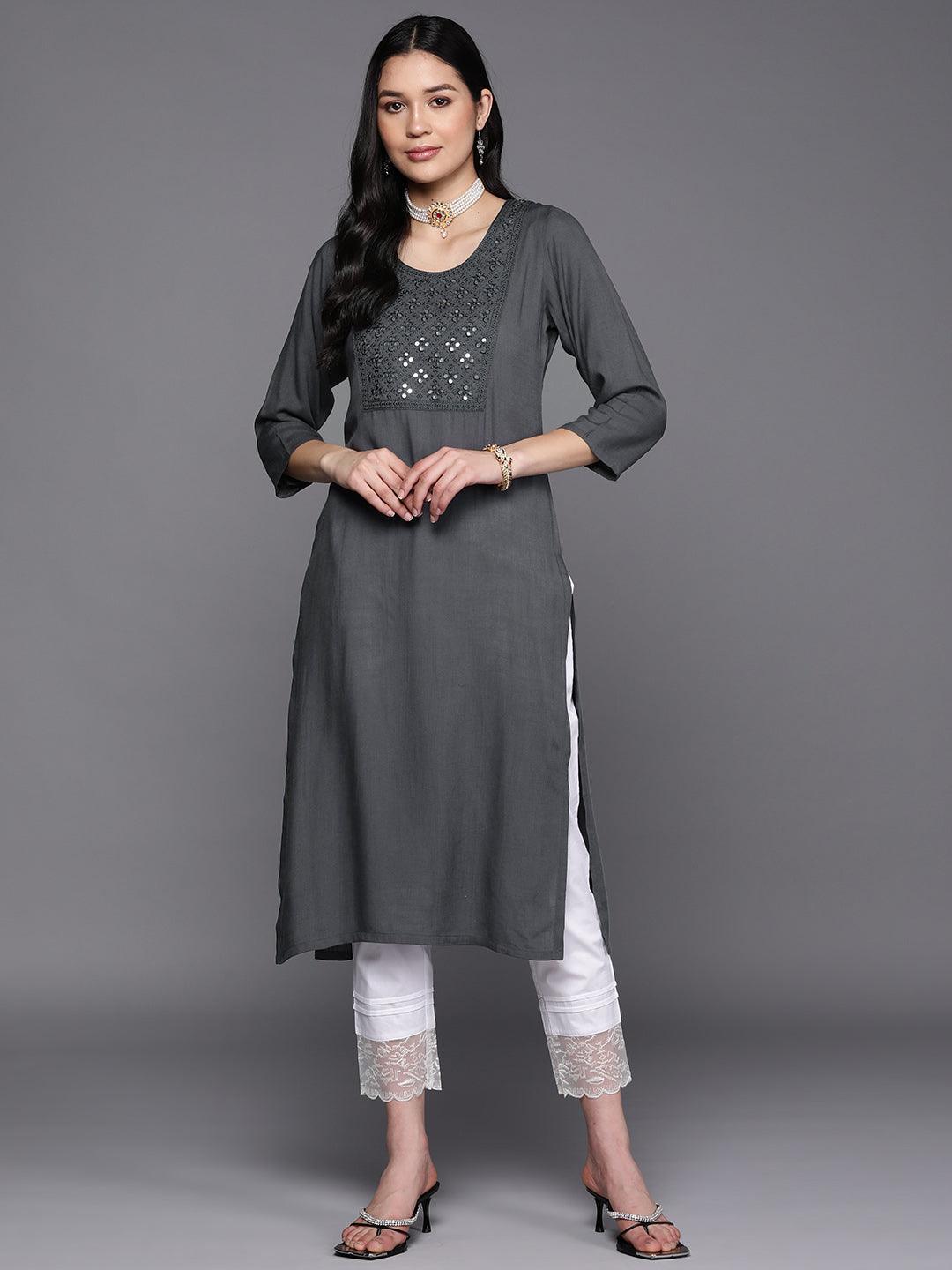 Grey Yoke Design Rayon Straight Kurta - Libas