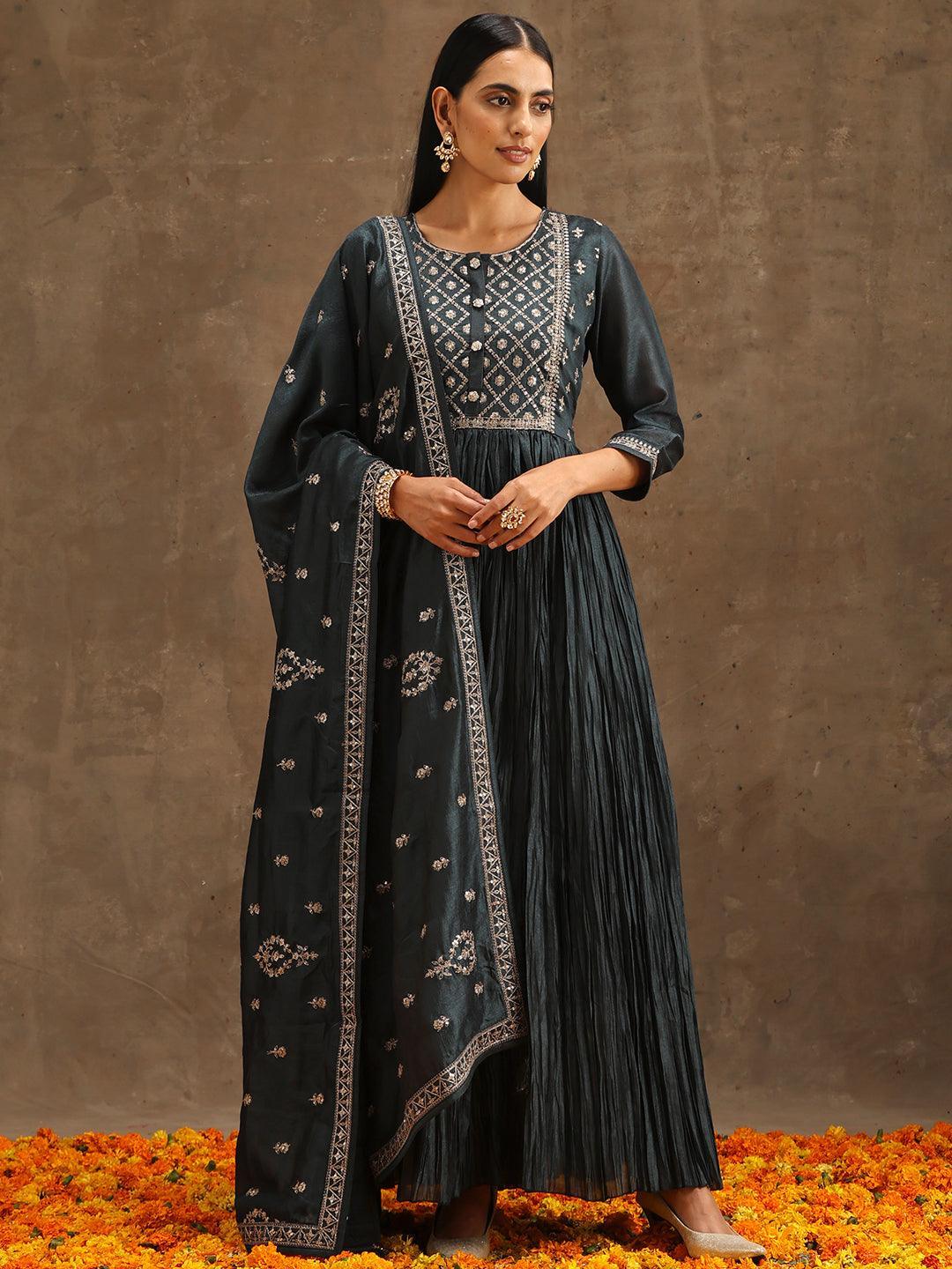 Grey Yoke Design Silk Blend Anarkali Suit Set With Trousers - ShopLibas