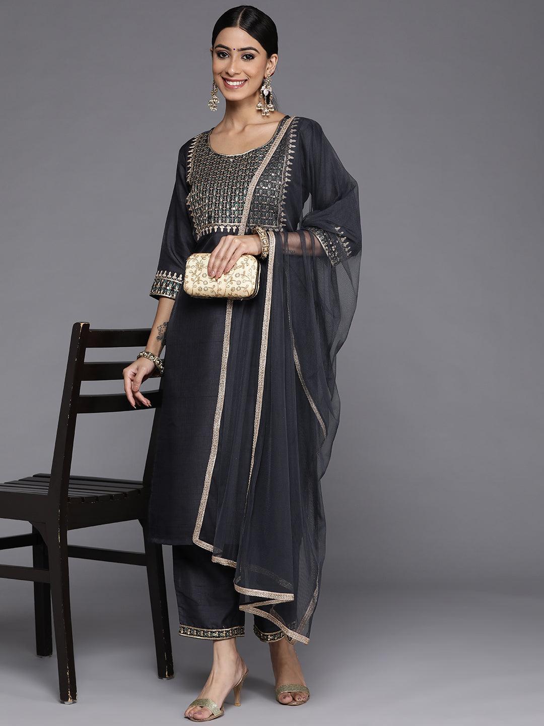 Grey Yoke Design Silk Blend Straight Kurta With Dupatta