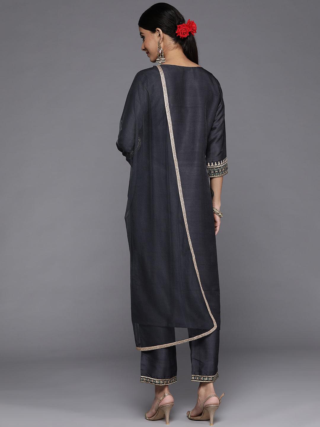 Grey Yoke Design Silk Blend Straight Kurta With Dupatta