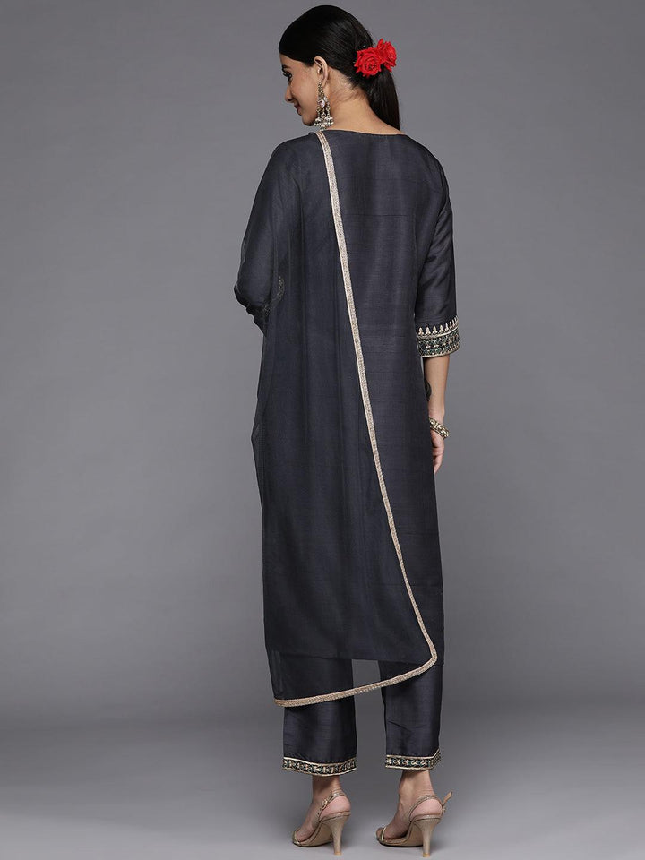 Grey Yoke Design Silk Blend Straight Suit Set With Trousers - Libas