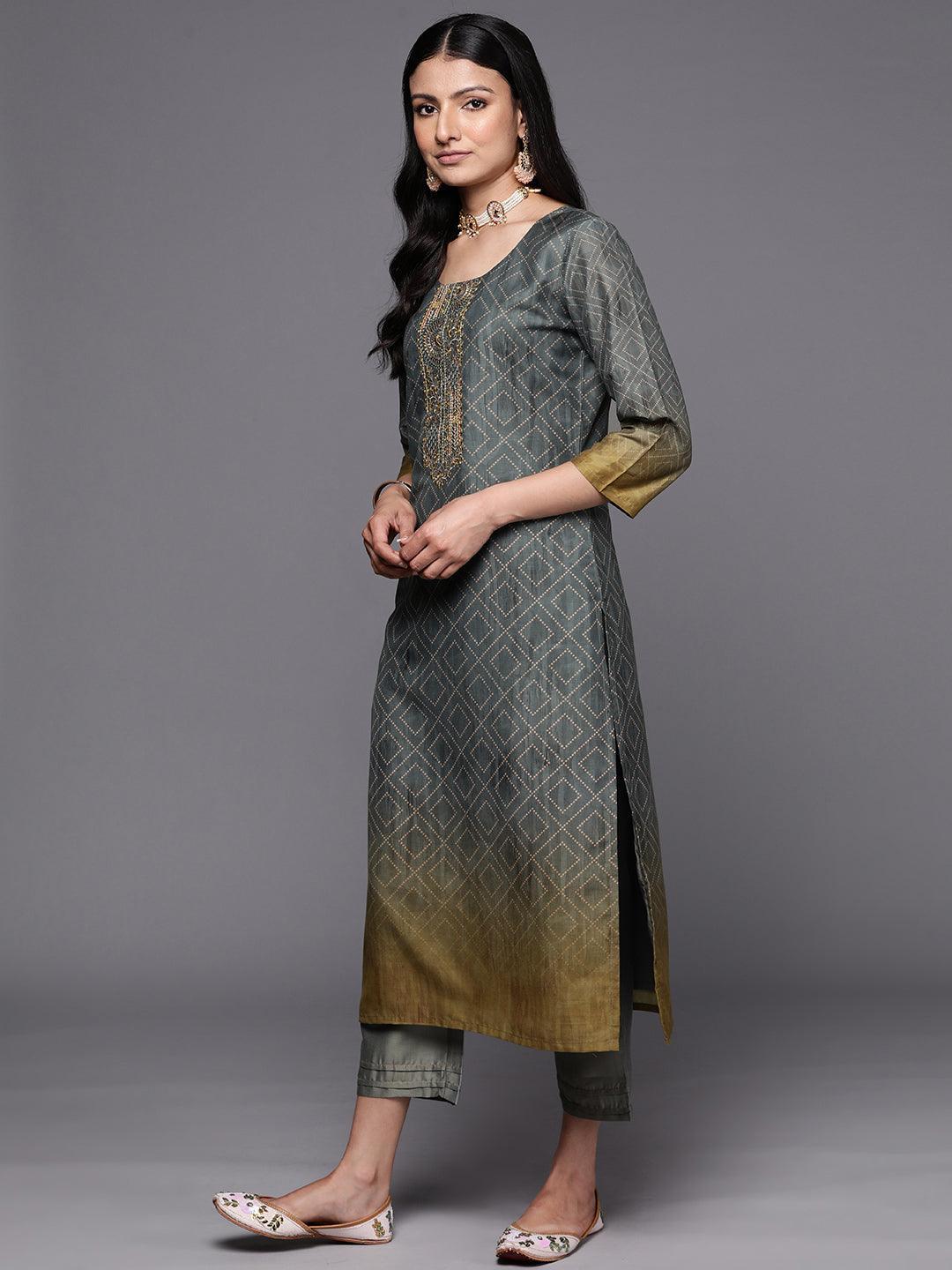 Grey Yoke Design Silk Blend Straight Suit Set With Trousers