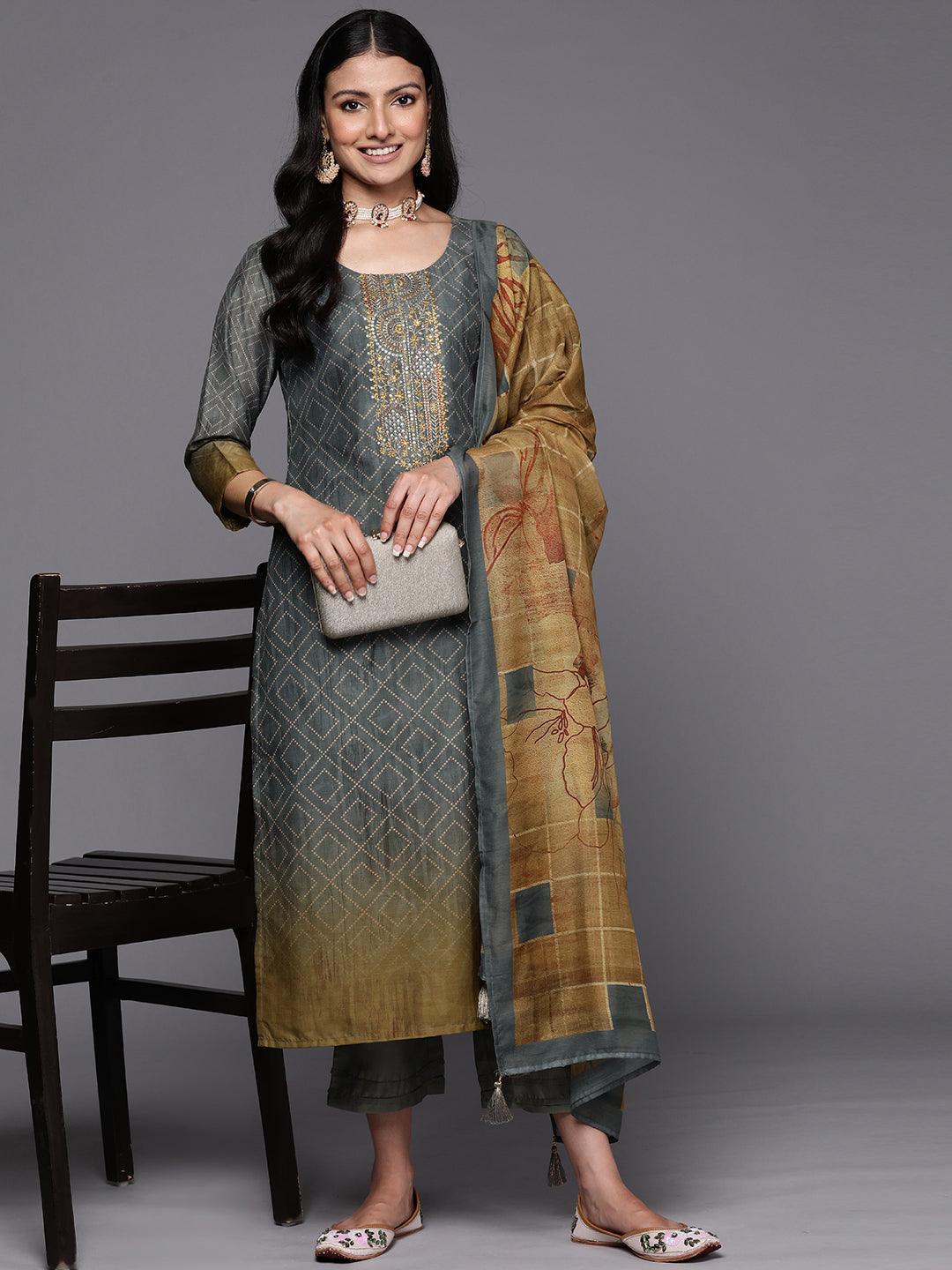 Grey Yoke Design Silk Blend Straight Suit Set With Trousers