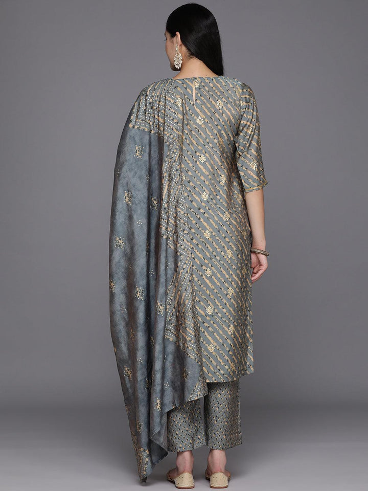 Grey Yoke Design Silk Blend Straight Suit Set With Trousers - Libas