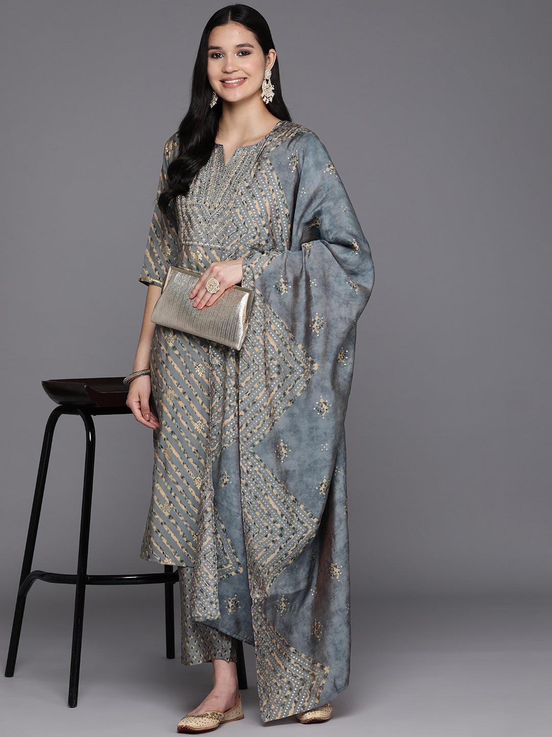 Grey Yoke Design Silk Blend Straight Suit Set With Trousers - Libas